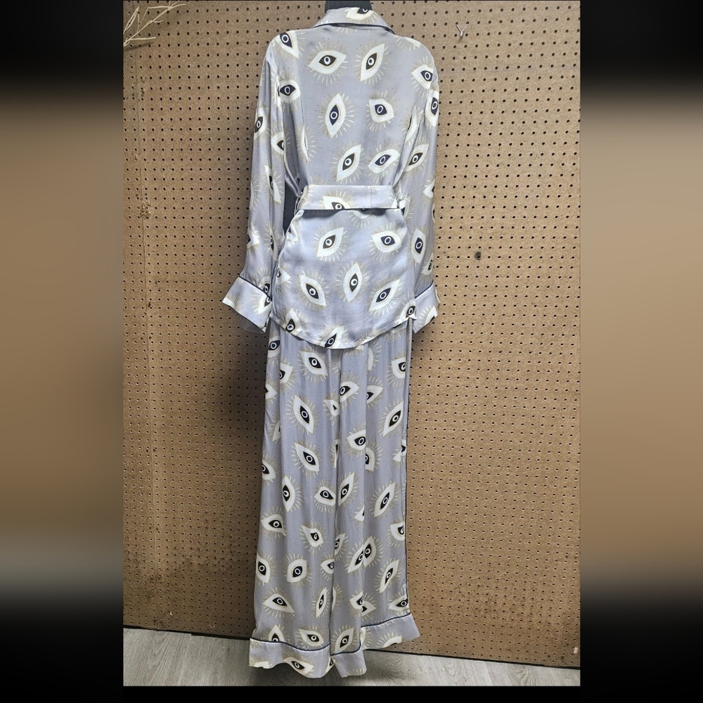Kyle x Shahida Evil Eye Designer Print Grey 100% Viscose Silk.Pajama Set Sz. Lg